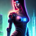 Beautiful cyberpunk woman in neon light. AI