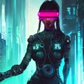 Beautiful cyberpunk woman in neon light. AI