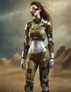 Beautiful cyborg female soldier in the desert