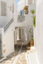 Beautiful cyclades architecture of an alley at a local village Prodromos in Paros island in Greece. Royalty Free Stock Photo