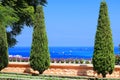 Beautiful cypress trees and flowers in the Bahai gardens overlooking the Mediterranean sea, Haifa, Israel Royalty Free Stock Photo