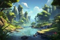 Beautiful 3D abstract tropical jungle waterfall background environment for adventure or battle mobile game.