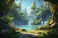 Beautiful 3D abstract tropical jungle waterfall background environment for adventure or battle mobile game.