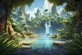 Beautiful 3D abstract tropical jungle waterfall background environment for adventure or battle mobile game.