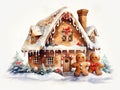 beautiful 3d gingerbread cute and smiling on white background, watercolor houese