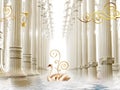 Beautiful 3d mural wallpaper for wall decoration  .  columns background in the form of a beige color tunnel with a swan, twigs and Royalty Free Stock Photo