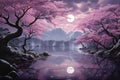 Beautiful 3D Nature and landscape wallpaper, Japanese Park with Cherry Blossom Tree Royalty Free Stock Photo