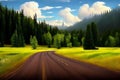 Beautiful 3D Nature and landscape wallpaper with a mountain view and pine trees across a rural road, generative ai