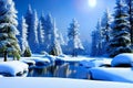 Beautiful 3D Nature and landscape wallpaper of a winter morning, ice pine trees, and a river view, ambient calm nature, ai generat