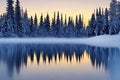 Beautiful 3D Nature and landscape wallpaper of a winter morning, ice pine trees, and a river view, ambient calm nature, ai generat