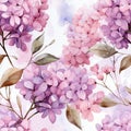 Beautiful 3d rendering of fresh lilac blossoms and green leaves against soft purple background Royalty Free Stock Photo