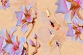 Beautiful 3D Wallpaper stereoscopic flower and jade carp, pink Magnolia flowers, watercolor Painting, purple Royalty Free Stock Photo
