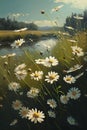 Beautiful daisies in a meadow on the background of the river