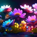 Beautiful daisies in the night. 3d rendering, 3d illustration. Generative AI