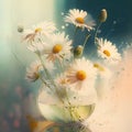 Beautiful daisies in a round glass vase with water drops