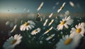 Beautiful daisy flowers and butterfly in meadow at sunset. Royalty Free Stock Photo