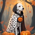 Beautiful Dalmatian sitting next to some pumpkins. Dog in a witch costume, pumpkin in paw. Postcard for pet lovers. Pet character