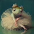 Beautiful Dancing Frog crowned with beautiful pink tutu in reverence- Generated Artificial Intelligence- AI Royalty Free Stock Photo
