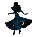 Beautiful dancing gypsy silhouette with crescent moon and stars isolated. Boho chic tattoo, sticker or print design vector