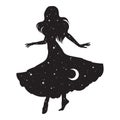 Beautiful dancing gypsy silhouette with crescent moon and stars isolated. Boho chic tattoo, sticker or print design vector