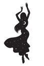 Beautiful dancing gypsy silhouette with crescent moon and stars in profile isolated. Boho chic tattoo, sticker or print design