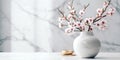 beautiful daphne flowers in white marble vase generative AI Royalty Free Stock Photo
