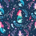 Beautiful dark blue mermaid pattern. Girl print. Design for kids clothes or fabric. Fashion illustration drawing in modern style.