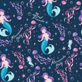 Beautiful dark blue mermaid pattern. Girl print. Design for kids. Fashion illustration drawing in modern style for clothes or