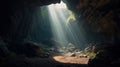 Beautiful dark cave with light rays shining through the cave. Dark cave with light rays coming through the cave. Generative AI Royalty Free Stock Photo