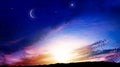 Generous Ramadan . New moon  .   Red sunset and moon . cloudy landscape and star sky . Royalty Free Stock Photo