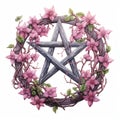 beautiful dark gray pentagram with leaves and flowers clipart illustration