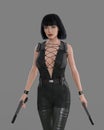 Beautiful dark haired fantasy assassin woman with two guns. 3D illustration isolated on grey background