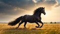 Beautiful dark horse runs in nature freedom energy