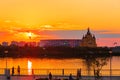 Beautiful dark red sunset over the river.