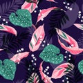 Beautiful dark tropical leaves. Seamless graphic design with pal