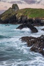 Beautiful dawn landscape over Kynance Cove in Corwnall England with vibrant sky and beautiful turquoise ocean