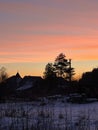 A beautiful dawn near a pine forest and summer cottage in winter. Royalty Free Stock Photo