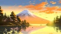 a beautiful dawn scene at the mountain fuji, lake view, ai generated image