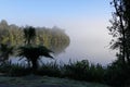 Mirror image and disappearing fog at a lake near Franz Josef village Royalty Free Stock Photo