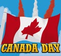 Waving Flag and Sky with Airshow Demonstration for Canada Day, Vector Illustration