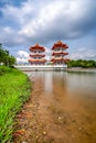 Beautiful day and cloud at Chinese Garden Twin Pagoda of Singapore with reflection Royalty Free Stock Photo