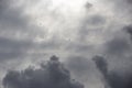 Beautiful day cloudscape view from below of dramatic dramatic grey and white thunder storm clouds and silhouettes of birds on a da Royalty Free Stock Photo