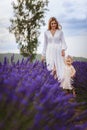 It is a beautiful day in a lavender field and a mother and daughter are walking along