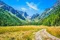 Beautiful day on the rocky road accross meadows  in the Swiss Alps leading to the Fenetre dÃÂ´Arpette pass, Tour Du Mont Blanc, Royalty Free Stock Photo