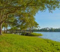 A beautiful day for a walk and the view of the wood bridge to the island at John S. Taylor Park in Largo, Florida. Royalty Free Stock Photo