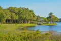 A beautiful day for a walk and the view of the wood bridge to the island at John S. Taylor Park in Largo, Florida. Royalty Free Stock Photo