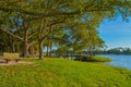 A beautiful day for a walk and the view of the wood bridge to the island at John S. Taylor Park in Largo, Florida. Royalty Free Stock Photo