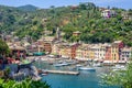 Beautiful daylight view to ships on water and buildings in Portofino city Royalty Free Stock Photo