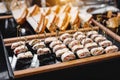 Beautiful decorat catering banquet table. Snacks and appetizers. Wedding celebration