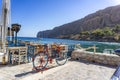 Beautiful decorated bicycle at the coastal village of Gerolimenas and the old harbor. It is a small picturesque fishing village in